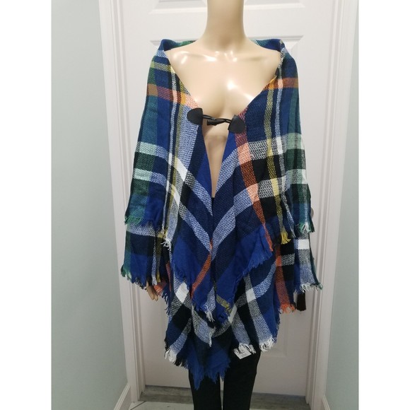 Fashion by Mirabeau Shawl One Size Blue Plaid Raw Hem Fringed Poncho Wraps - Picture 2 of 7